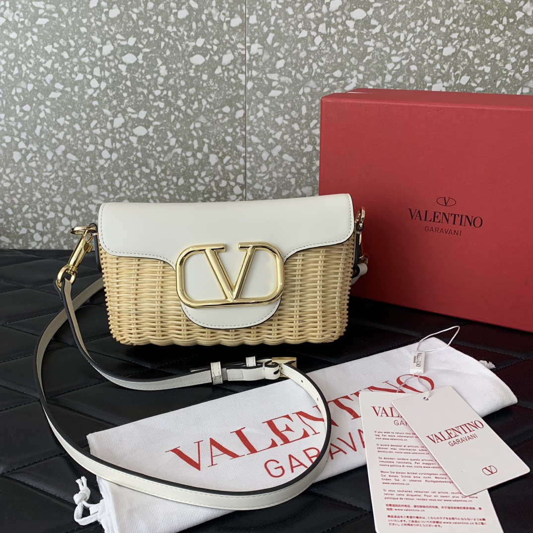 Valentino Garavani Loco Small Shoulder Bag in Ivory Woven Synthetic Wicker 